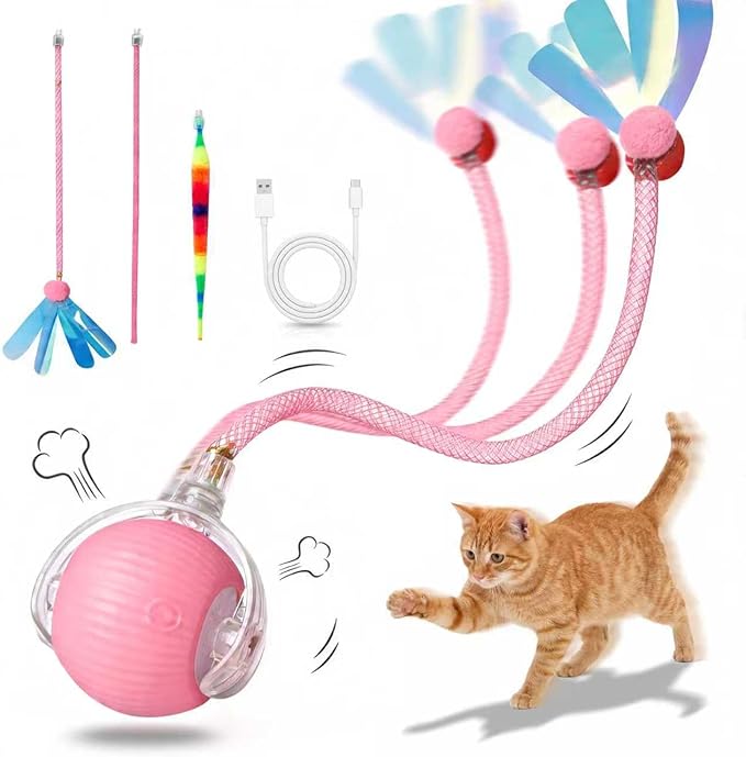 Rechargeable Smart Rolling Cat Ball, Automatic Interactive Cat Toy with 3 Modes, LED Light & 3 Replaceable Accessories, Indoor Cat Exercise Toy for Kittens & Adult Cats, for Boredom Relief Pink