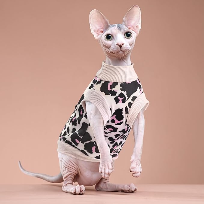 Idepet Cat Clothes Kitten Sweater Soft Kitten Shirt Cute Leopard Print Kitty Vest Pullover Pajamas Jumpsuit Cotton Apparel for Hairless Cats & Puppy (Pink,S)