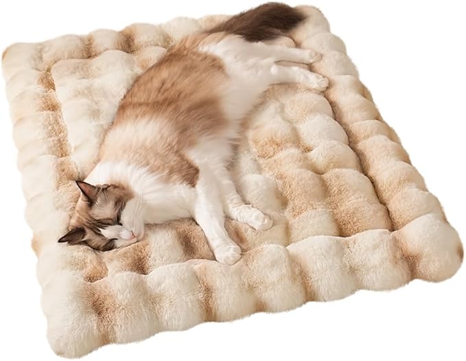 SOMAHE Cat Bed, Plush Faux Fur Kneading Flat Mat - Machine Washable Fluffy Pet Bed for Indoor Cats, Non-Slip Small Kitten Bed, Therapeutic Knead Cat Mat for Couch & Window Sill, 23"×15" Inch,Camel