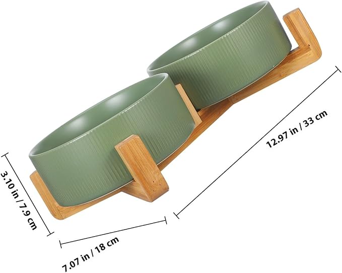 Ceramic Cat and Dog Feeding Bowl Set with Wood Stand, Non-Slip Raised Double Bowls for Pets, Matte Green Finish, Suitable for Indoor Feeding and Watering