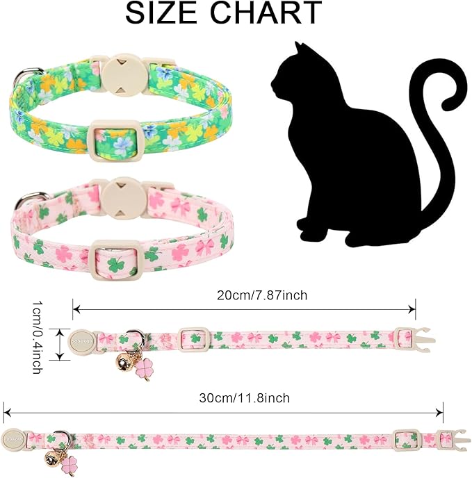 DOGWONG 2 Pack St Patricks Day Cat Collar Breakaway,Safety Adjustable Green Shamrock Cat Collars with Bell for Kitten
