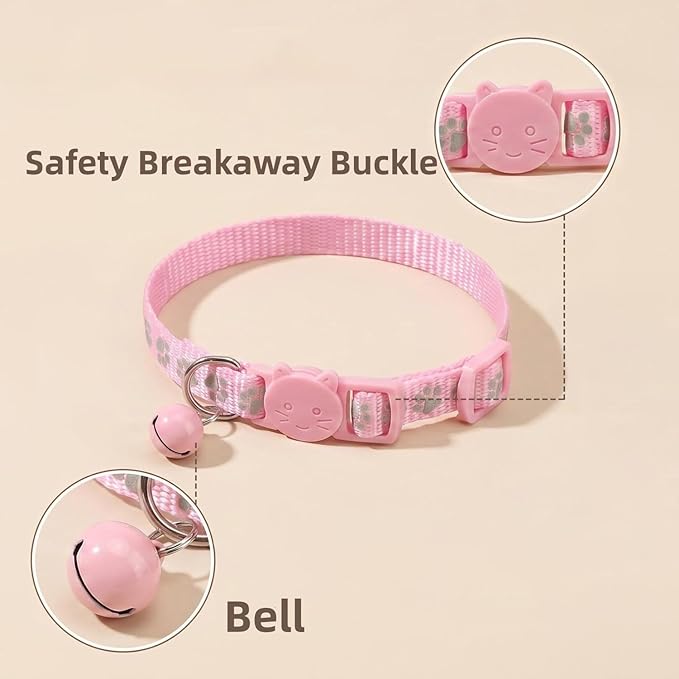 THAIN Reflective Breakaway Cat Collar with Paw Print 8 Colors Safety Release Buckle Adjustable, Lightweight, Cute Kitten Collar with Bell (Breakaway-Cat Shape)