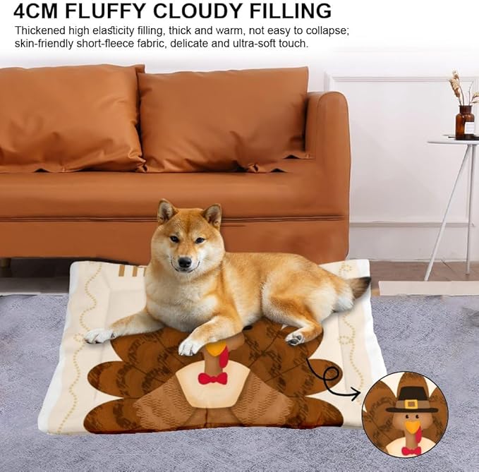 Happy Thanksgiving Turkey Cat Bed Waterproof Crate Mat Dog Mats for Crates Rectangle Dog Bed Non- Slip Bottom Furniture Covers for Pets Multi- Scenario Pet Mat Gift Printed 36× 24 Inch
