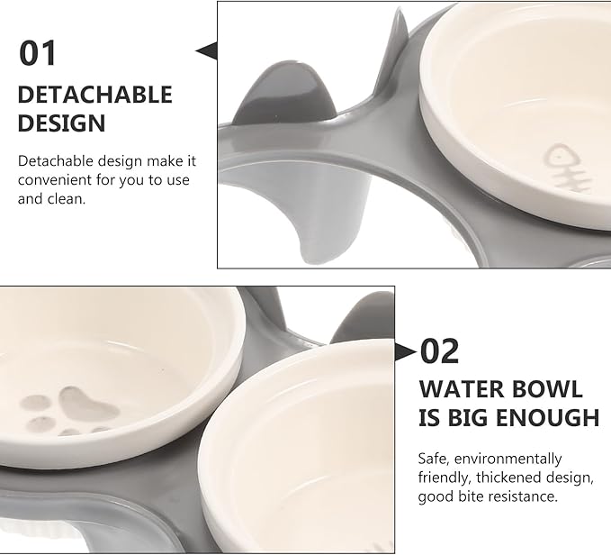 VICASKY Ceramic Elevated Cat Bowl Set with Thickened Gray Bowls and Sturdy Non-Slip Stand, Tilted Feeding and Watering Dishes for Indoor Cats and Kittens