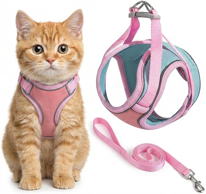 Cat Harness and Leash, Escape-Proof Cat Harness Set, Adjustable Step-in Pet Harness for Walking for Small Medium Cats (Pink, L)