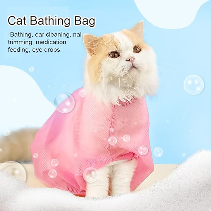 3-Pack Cat Grooming Mesh Bag, Adjustable Restraint for Bathing and Nail Trimming, Pink Blue Yellow