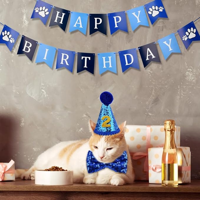 Cat Birthday Party Supplies, Adjustable Cat Birthday Hat with Numbers, Bandana, Bow Tie, Banner for Cat Kittens Decorations, Fun Pet Celebration Kit(Color:Blue)