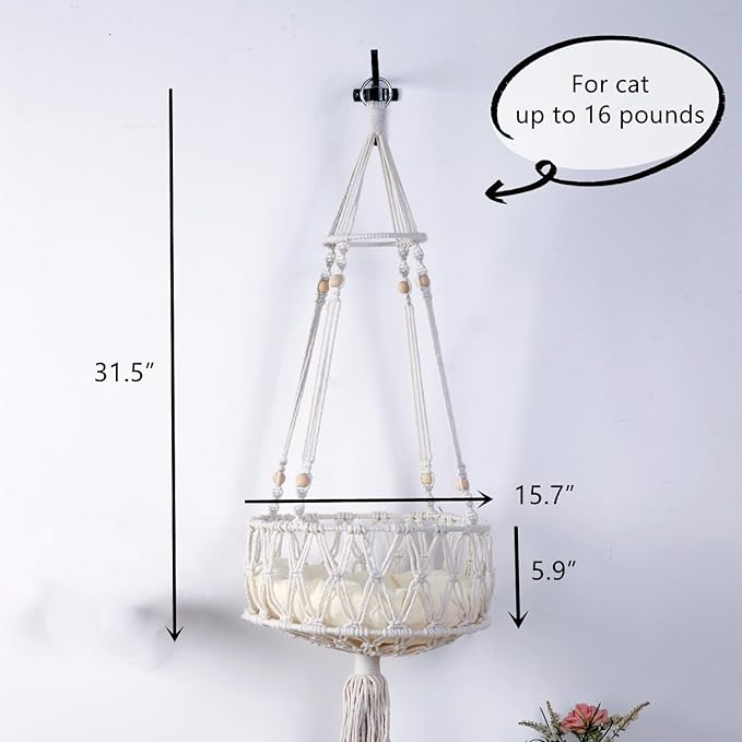 SHENGOCASE Macrame Cat Hammock with Wall Hook and 3 Steps, Wall Mounted Hanging Bed, Indoor Cat Furniture