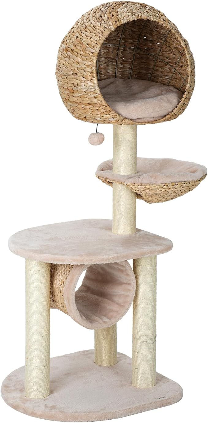 Happy & Polly 51" Rattan Cat Tree - Multi-Level Bird Nest Cat Tower for Indoor Cats, Cute Condo for Large Cats Easy to Assemble with Scratching Posts, Moder Cat Furniture Activity Center