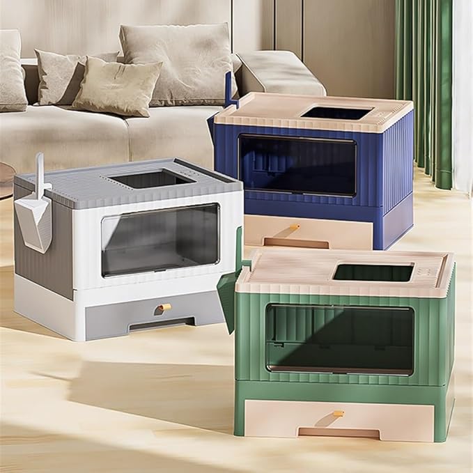 Pet Supplies, Foldable Cat Litter Box with Lid & Scoop,Top Entry Anti-Splashing Enclosed Toilet(Blue)
