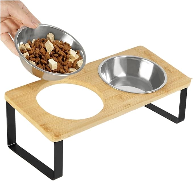 Elevated Cat Bowl Pet Feeder with Wooden Stand 2 Stainless Steel Bowls for Cats