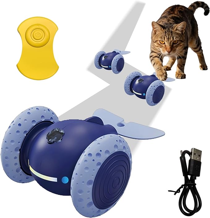 Puffluv Interactive Cat Toys, Automatic Moving Mouse Toy for Indoor Cats, Remote Control Cat Toys with LED Lights,Rechargeable Electric Kitten Toy USB Charging(Blue)