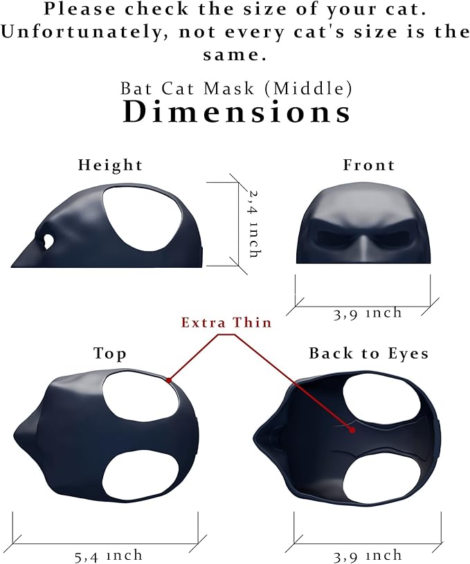 Black Batcat Mask, Extra Thick Durable, Bat Style Cat Mask, Pet Costume Accessory, Fun and Adorable Superhero Cosplay Mask for Cats, Black CatBat Cosplay Christmas Mask Hat, Cat Apparel (Medium)