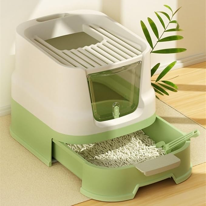 Pet Supplies, Enclosed Top-Entry Cat Litter Box with Lid & Scoop, Large Anti-Splash Drawer Design