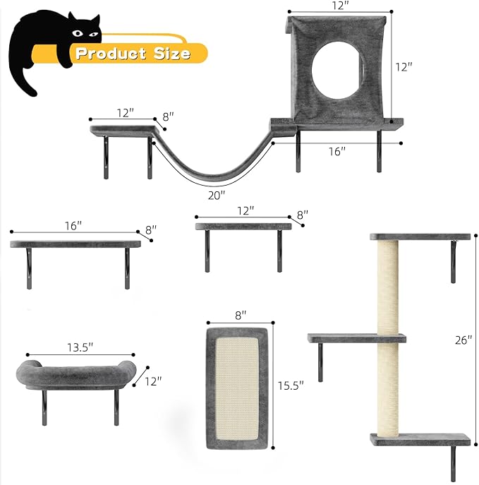 NUNU LAB Wall Mounted Cat Climber Set, 6 Pcs Cat Furniture Set with House, Bridge, Steps, Scratcher Board and Hammock, Shelves for Indoor, Luxury Walls Furniture, Dark Grey