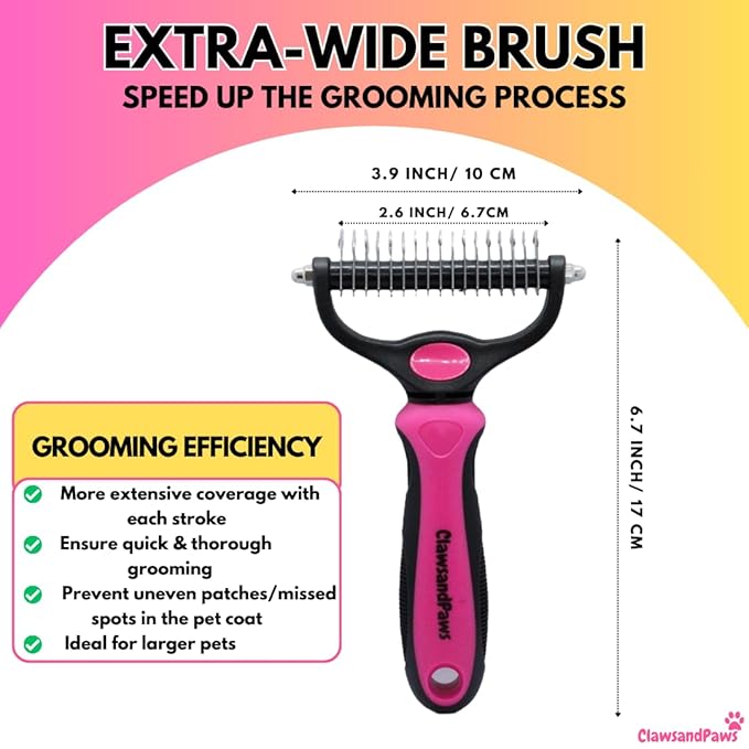 ClawsandPaws Professional Pet Grooming Brush, Shedding & Dematting Brush for Short/Medium/Long Haired Cats/Dogs, Undercoat Rake, Deshedding Tool, Dog Brush, Dematting Comb, Pink