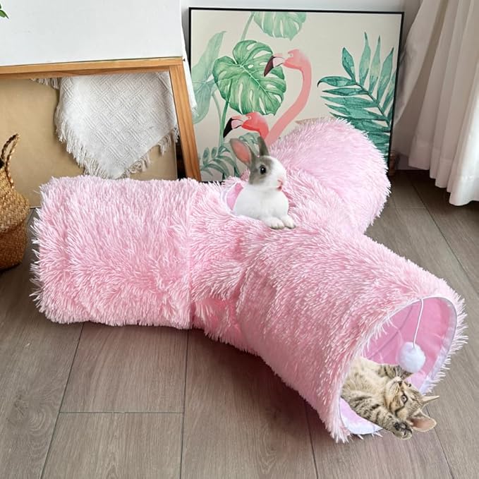 Cat Tunnel Tube Toy Collapsible 3 Way Pink Plush, Pet Tunnels for Indoor Cats, Play Tubes with Hanging Ball Perfect for Kitten, Puppy, Rabbit, Interactive Toys for Fun Playtime & Exercise
