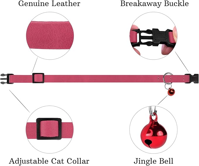 Muromto Breakaway Cat Collar Leather Soft Adjustable Pet Kitten Collars with Bell Pink Brown Blue Green Red (Pink)