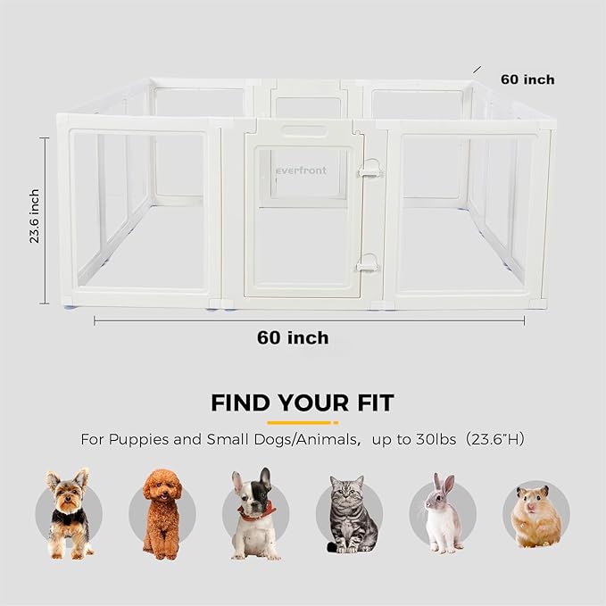 EVERFRONT Clear Acrylic Dog Playpen - Clear Dog Play Pen - Easy Assemble Acrylic Dog Playpen - Puppy Playpen, Cat Playpen, Small Animal Playpen, Dog Play Pen Indoors