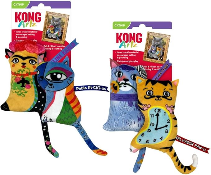 KONG Artz Cats - Crackling Cat Toys with Catnip, Ribbon and Tail (Bundle (Kahlo/Picasso and Dali/Van Gogh))