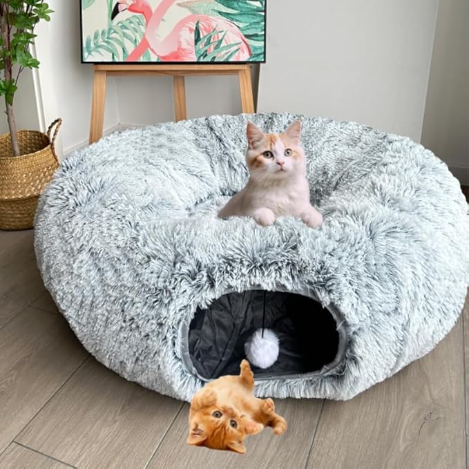 Cat Bed Tunnel Tube Toy Grey Plush Round, Collapsible Pet Tunnels for Indoor Cats, Interactive Toys Play Tubes with Hanging Ball for Fun Playtime & Exercise for Kitten, Puppy, Rabbit
