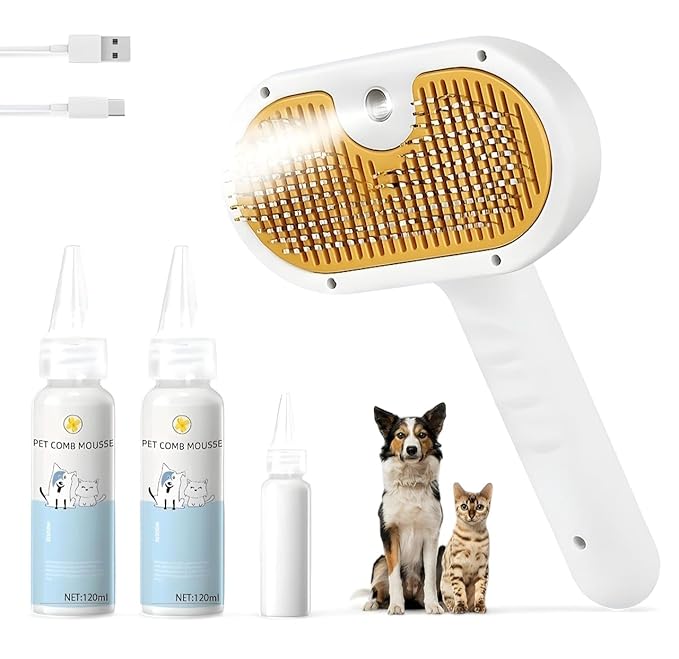 3-in-1 Pet Steam Brush for Dogs & Cats – Gentle Grooming Comb with Spray & Waterless Shampoo – Fur Shedding, Hair Removal, Dematting & Detangling Tool – Portable Steam Cleaner for Long or Short Hair