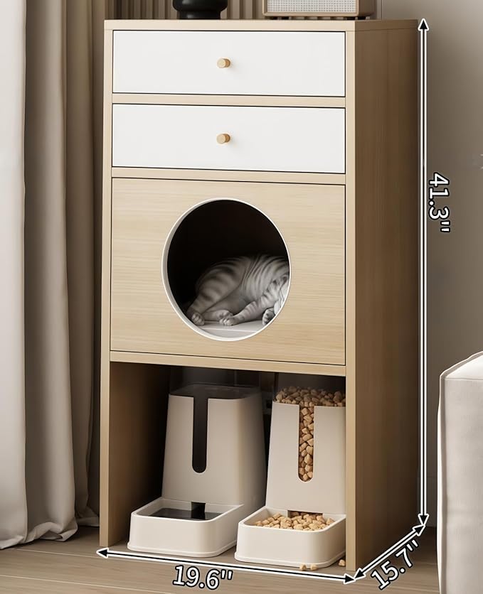 Multi-Function Cat House Furniture, Solid Wood Cat Condo with Storage Drawer, Pet Bed & Feeding Area, Compact Cat Cabinet (Natural & White,19.6" L*15.7" W*41.3" H)