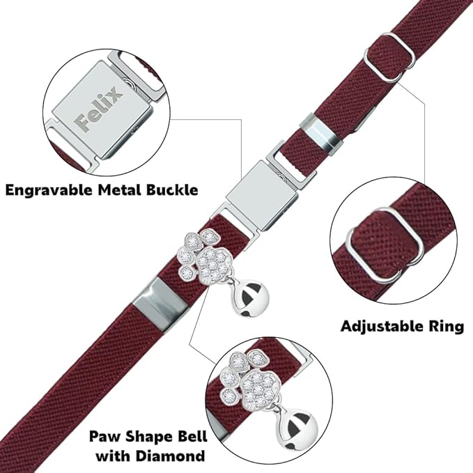 Personalized Safety Elastic Cat Collars with Bell,Laser Customized Stretch Kitten Collars for Girls Boys Cats-Wine Red