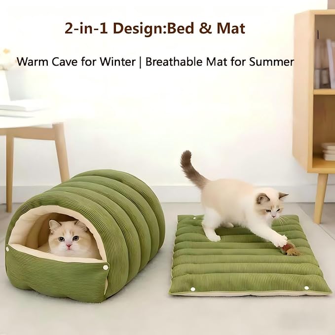 Cat Cave Bed with Hood - Indoor Cat Bed for Cats, Soft Cat Sleeping Bag, Pet Cave for Cats, Detachable Design (Green, 22 inch)