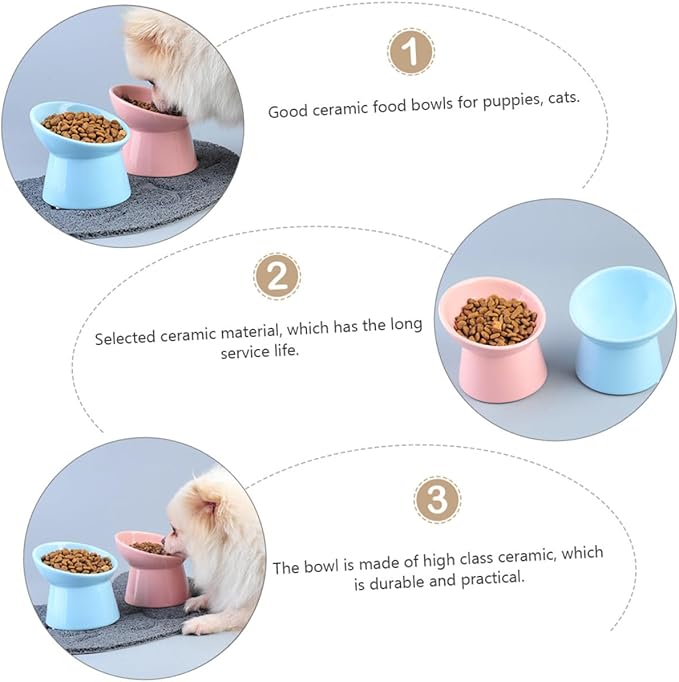 FRCOLOR Ceramic Raised Pet Food Bowl with Slanted Edge for Neck Protection, Pink Cat and Dog Feeder Bowl Suitable for Cats and Small Dogs in Feeding Watering Supplies