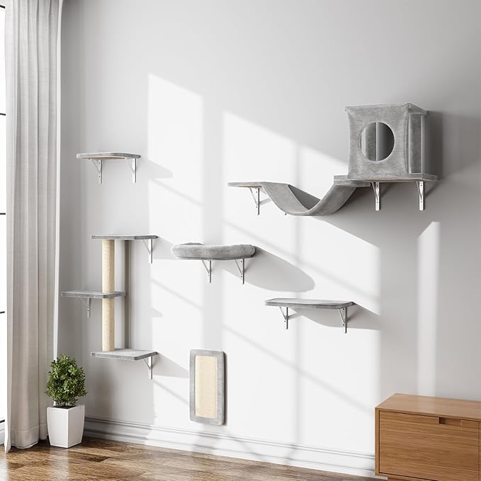 NUNU LAB Wall Mounted Cat Climber Set, 6 Pcs Cat Furniture Set with House, Bridge, Steps, Scratcher Board and Hammock, Shelves for Indoor, Luxury Walls Furniture, Silver Grey