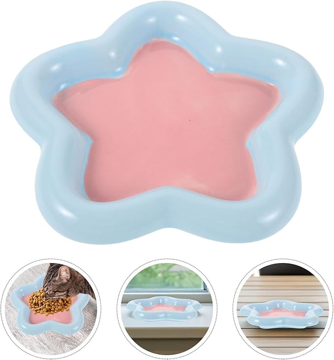 Uonlytech Ceramic Pet Food Bowl and Shallow Dog Dish Whisker-Friendly Small Star-Shaped Plate for Kittens and Small Dogs Feeding and Watering