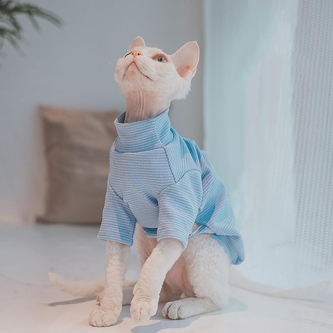 Sphynx Cats Warm Fleece Shirt Cat Turtleneck Undershirt Thermal Hairless Cat Clothes for Sphynx, Devon, Cornish Cat Clothes and Small Kitten and Dogs (Blue Pinstripe, Medium)