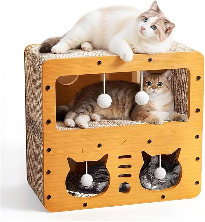 Cat Beds for Indoor Cats，Wooden Cat Scratcher House & Cardboard Condos，Covered Bedsure Kitten Bed Cave Furniture，Cute Playhouse Box，Small Size，for Cats Under 10 lbs