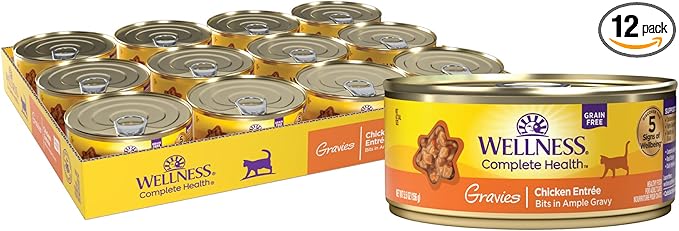 Wellness Complete Health Gravies Adult Canned Wet Cat Food, Natural, Protein Rich, Grain Free, Chicken Entrée Recipe, 5.5 oz, Pack of 12 Cans