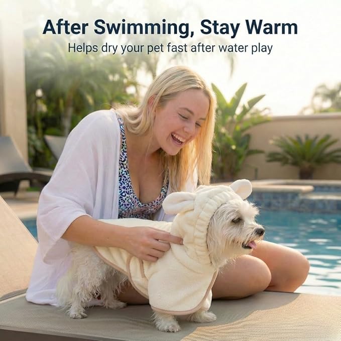 Dog Bathrobe Super Absorbent Towel for Small Dogs Cats Fast Drying Dog Robe Coat with Hood Puppy Cat Bath Towel Wrap Pet Grooming Supplies After Shower (White,S)