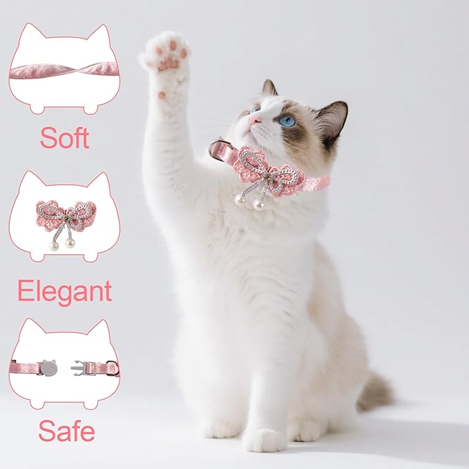 2pcs Adorable Cat Collar with Bow, Adjustable Breakaway Pink Collar for Girl Cat with Pearl Pendant Detachable Kitten Bowtie Accessories (2 Styles)