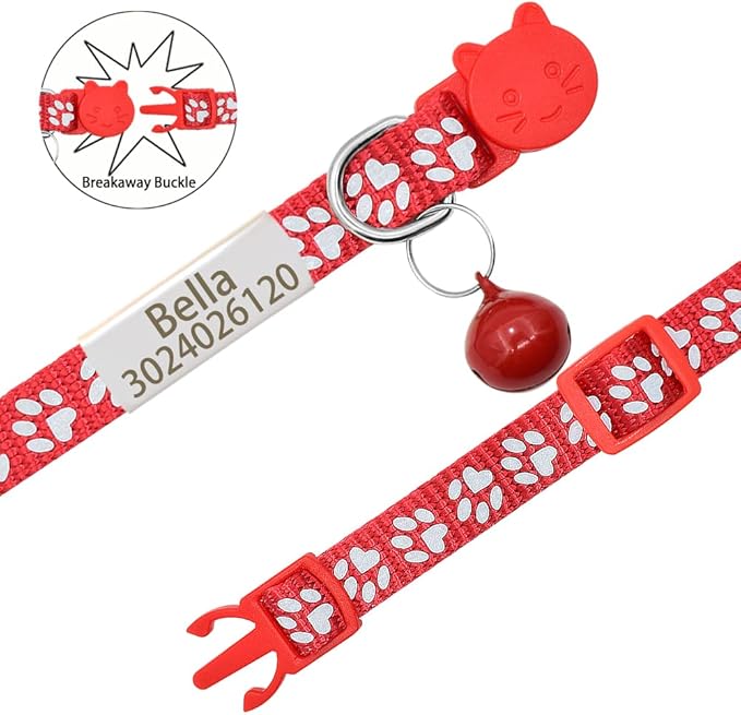 Personalized 2 Pack Reflective Cat Collar,Custom Breakaway Cat Collars with Name Tag and Bell,Anti-Lost Nameplate Cat Collar for Girls & Boys (Red,fit 8''-11.0'')