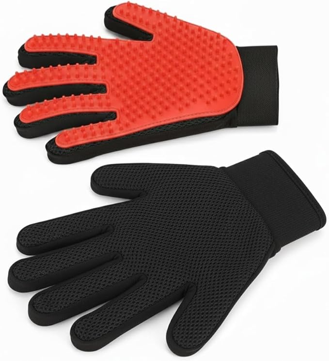 Pet Grooming Gloves, Deshedding Hair Removal Brush Mitt for Dogs and Cats, Black and Blue, Pair (Red)