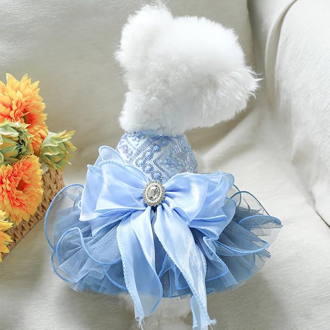 ANIAC Blue Cat Wedding Dress with Bow Knot Dog Wedding Outfit Formal Puppy Clothes for Girl Small Dog Luxury Pet Party Dress for Kitten Chihuahua Yorkie Pomeranian (Blue-2, X-Large)