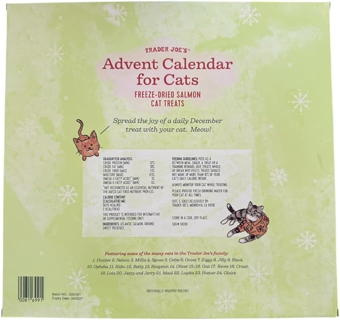 Trader Joe's Advent Calender for Cats Salmon & Dried Seaweed Recipe Cat Treats Christmas Holiday Pet Calendar - 5.11 oz. Box