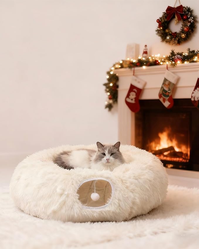 RELAXLATE Large Cat Tunnel Bed for Indoor Cats,Cat Bed, Cat Tunnel Christmas Tree Skirt, Cat Donut Tunnel Toys with Warm Soft Plush, for Cats, Kittens, Small Pets (White)