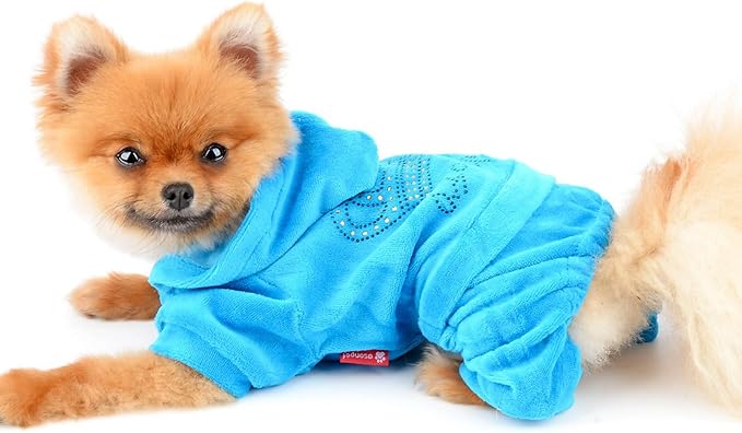 Dog Jumpsuit Hoodie Sweatshirt Dog Fleece Sweater Coat Small Pet Clothes Rhinestone Crown Blue M