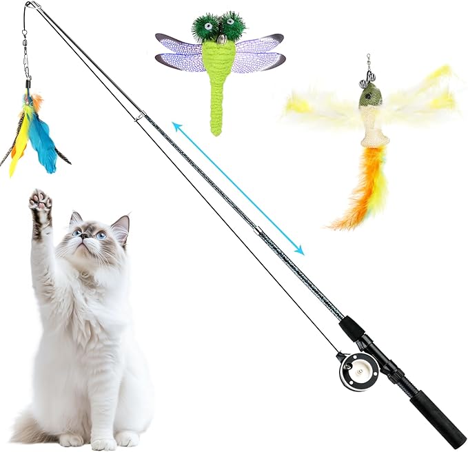 Pawaboo Cat Feather Toys, 4 Pack Interactive Cat Feather Teaser Wand Toys, Retractable Fishing Pole Wand Catcher Exerciser with Refill Fish, Dragonfly Worm with Bells, Blue Yellow Green