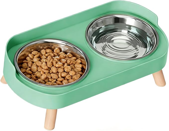 Elevated Cat Bowls, 2 Stainless Steel Raised Cat Food and Water Bowl Set, Splash Proof & Non-Slip, Whisker Fatigue Friendly, Dishwasher Safe for Cats and Small Dogs - Green