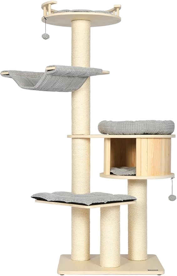KAMABOKO Tall Cat Tree, 68" Large Cat Tower Multi-Level Platforms with Sisal Scratching Posts, Cat Tree for Large Cats 20 lbs Heavy Duty, Cat Condo Furniture for Active Cats, Top Fence Safety