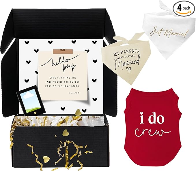 Dog Bridal Wedding Gift Box – 2 Cotton Bandanas (My Parents are Getting Married, Just Married) 1 I Do Crew Dog Tee & Magnetic Photo Frame 2.5" x3,5|Red, Small 382