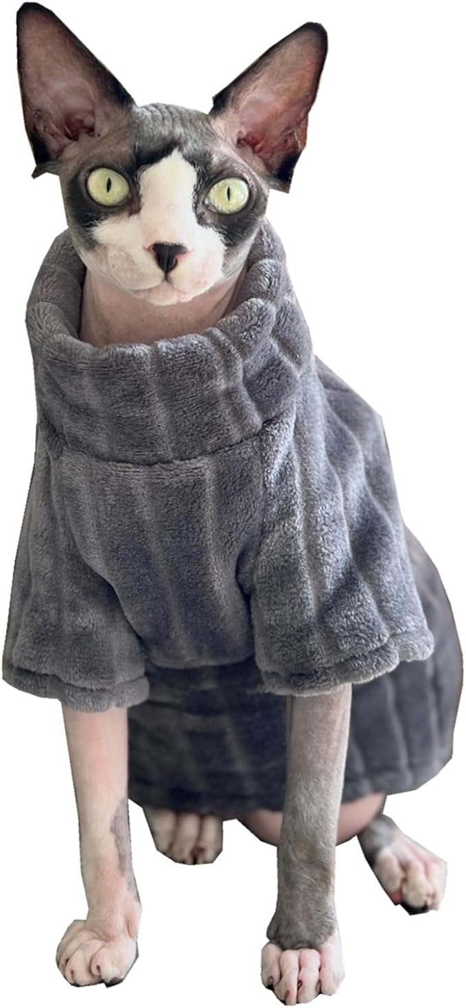 Turtleneck Sweater for Sphynx Cat Soft Coral Fleece Cat Clothes Thick Winter Warm Outfit Coat for Hairless Cats and Small Dogs Apparel with Sleeves (Grey, L (7-8.5 lbs))