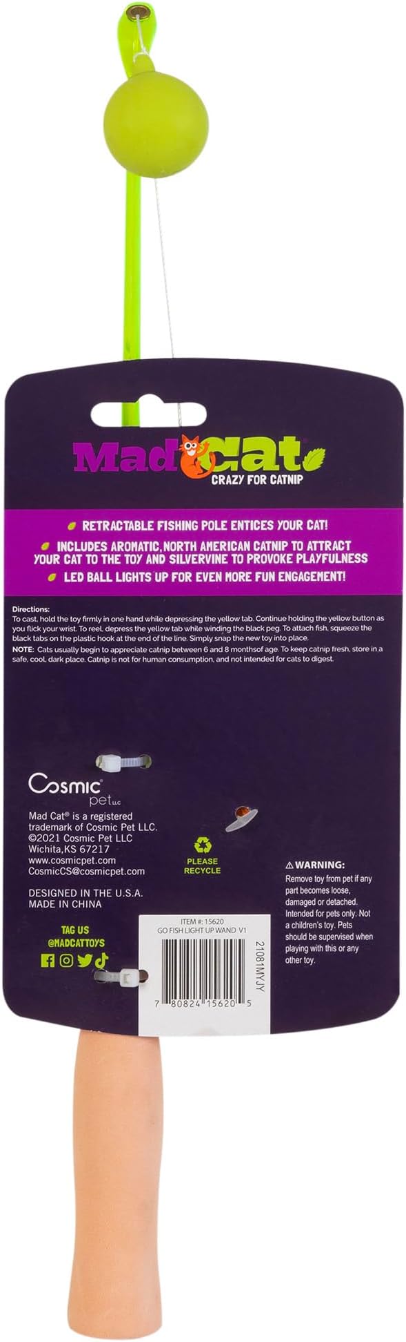 Mad Cat Go Fish Light Up Wand Teaser Cat Toy with Catnip & Silvervine Pack of 1 | Interactive Light-Up Fishing Wand for Chasing, Jumping & Exercise