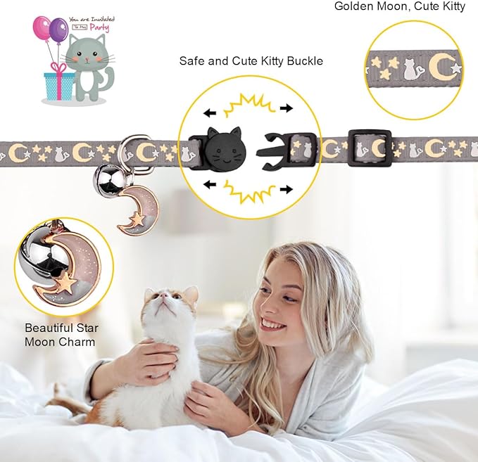 4PCS Cat Collar with Bells,Breakaway Cat Collars,Kitten Collar with Bell Moons Stars Cute Kitty Safe Kitten Collars with Pendant,Cat Collars for Boy Cats 6.9-10.7 Inch(2 Black & 2 Grey)